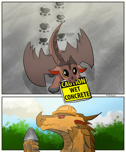 2_horns ambiguous_feral ambiguous_gender armor back_spikes big_eyes brown_body caution_sign concrete construction_worker duo facial_horn feral footprint grimace hard_hat headgear helmet horn looking_down looking_up membrane_(anatomy) membranous_wings nose_horn pawprint red_eyes spikes spikes_(anatomy) standing wet wings yellow_eyes xyeh2o european_mythology mythology wings_of_fire unnamed_skywing_dragonet_(xyeh2o) dragon mythological_creature mythological_scalie scalie skywing_(wof) western_dragon 5:6 absurd_res comic hi_res signature