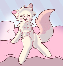 anthro blue_body blue_fur blush bodily_fluids female fingering fur masturbation open_mouth pillow pink_blanket pink_body pink_fur pink_pillow solo spread_legs spreading sweat tan_body tan_fur bratcafe poppers_(bratcafe) felid feline mammal absurd_res hi_res