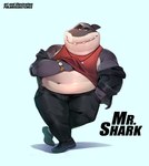 anthro belly big_belly bottomwear clothing countershading grey_body male overweight overweight_anthro overweight_male pants shirt simple_background solo topwear polarissketches dreamworks the_bad_guys mr._shark_(the_bad_guys) fish marine shark 2022 absurd_res hi_res