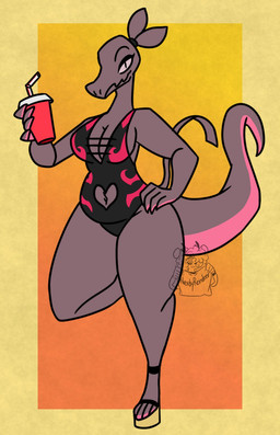 anthro beverage breasts clothing container cup digitigrade female footwear grey_body grey_scales hair heart_on_clothing high_heels long_tail one-piece_swimsuit pink_body pink_scales ponytail pupils purple_eyes scales shoes slit_pupils solo swimwear tail thick_thighs wide_hips nerdyreindeer nintendo pokemon drew_(nerdyreindeer) generation_7_pokemon pokemon_(species) salazzle hi_res