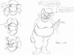 anthro anthro_pred belly big_belly big_breasts breasts clothed clothing dialogue duo female female_pred looking_at_viewer male male/female male_prey neck_bulge oral_vore overweight overweight_female speech_bubble swallowing talking_to_viewer text thick_thighs threatening threatening_vore vore michael_higgs canid canine fox mammal 2009 english_text hi_res monochrome sketch traditional_media_(artwork)