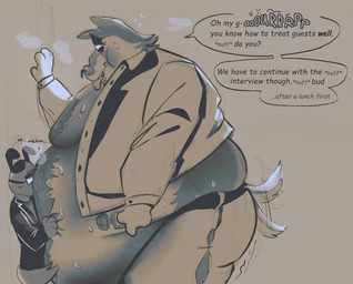 anthro belly_grab bodily_fluids breath burping clothing duo eye_roll fur fur_tuft half-closed_eyes ill-fitting_clothing male male/male musk narrowed_eyes obese onomatopoeia overweight pinned pinned_by_belly pinned_to_wall sound_effects speech_bubble sweat sweatdrop sweaty_body tail tail_motion tailwag text tongue tongue_out torn_clothing tuft weight_gain vv0ltz ben_cox_(vv0ltz) mem_(vv0ltz) canid canine canis domestic_dog mammal wolf comic_sans english_text hi_res monochrome shaded sketch soft_shading trans_(lore) trans_man_(lore)
