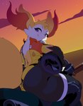 anthro armor big_butt biped bodysuit butt clothing female headgear helmet looking_back motorcycle motorcycle_helmet outside pokemorph rear_view sitting skinsuit smile solo sunset thick_thighs tight_clothing vehicle juzztie nintendo pokemon rista_(vulfox) braixen generation_6_pokemon pokemon_(species) 2024 hi_res