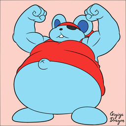 anthro belly big_belly black_nose blue_body clothing eye_patch eyewear male navel overweight overweight_male shirt simple_background solo standing topwear gigizadragon kirby_(series) kirby_squeak_squad nintendo storo mammal mouse murid murine rodent 1:1 2025 hi_res