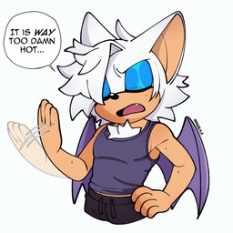anthro back_wings bat_wings black_bottomwear black_clothing black_nose black_pants blue_eyeshadow bodily_fluids bottomwear clothing dialogue eyes_closed eyeshadow fanning fanning_self femboy fluffy fluffy_chest glistening glistening_eyelids glistening_nose hair head_tuft makeup male membrane_(anatomy) membranous_wings one_fang open_mouth pants pecs pink_tongue pointy_ears prick_ears purple_clothing purple_shirt purple_tank_top purple_topwear shirt short_hair simple_background solo speech_bubble sweat sweatdrop tan_body tan_muzzle tank_top tongue topwear tuft waving_hand white_head wings nikkikaji sega sonic_the_hedgehog_(series) rogue_the_bat_(nikkikaji) rouge_the_bat bat mammal 1:1 2025 bust_portrait hi_res portrait signature