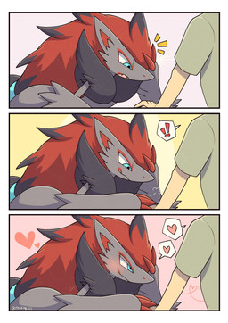ambiguous_gender anthro blue_eyes blush blush_lines claws duo emanata exclamation_point fangs fur grey_body grey_fur hair half-closed_eyes hand_holding heart_symbol narrowed_eyes open_mouth red_hair simple_background teeth tongue tongue_out rocking_jjj nintendo pokemon generation_5_pokemon human mammal pokemon_(species) zoroark 2025 absurd_res comic hi_res signature