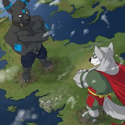 anthro blue_bottomwear blue_clothing blue_eyes blue_shorts bodysuit bottomwear clothed clothing cloud crossed_arms duo fur green_bodysuit green_clothing green_skinsuit grey_body grey_fur head_tuft macro male male_anthro mask mouth_closed muscular muscular_anthro muscular_male obscured_eyes outside shorts skinsuit standing superhero tight_clothing topless tuft wearing_mask white_body white_fur solaxe_(artist) nintendo pokemon eeveelution generation_2_pokemon pokemon_(species) umbreon