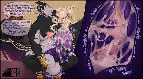 anthro ball_grab balls beak big_balls big_penis black_body black_feathers bodily_fluids clenching_penis cock_vore cum dialogue dominant dominant_male duo erection feathers fur genital_fluids genitals head_first huge_balls huge_penis hyper hyper_balls hyper_genitalia hyper_penis internal knot knotted_penis larger_pred logo male male/male nude penile penis size_difference speech_bubble tail teeth text tongue vore white_body white_feathers wings zeanlain mythology zeanlain_(character) accipitrid accipitriform avian bird dragon eagle harpy_eagle mythological_creature mythological_scalie scalie 2024 artist_logo colored hi_res