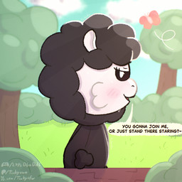 anthro bedroom_eyes black_body black_fur blush blush_lines bodily_fluids butt female fluffy fluffy_tail fur looking_at_viewer narrowed_eyes outside plant rear_view seductive shrub sitting solo speech_bubble sweat sweatdrop tail text tree white_body white_fur wool_(fur) tinky mob_entertainment nightmare_critters poppy_playtime baba_chops_(poppy_playtime) ambient_arthropod ambient_butterfly ambient_insect bovid caprine mammal sheep 1:1 english_text url