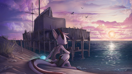 anthro beach breasts clothed clothing detailed_background energy female fur hair long_tail midriff outside pier pink_body pink_fur pink_hair sand seaside shirt small_breasts solo sun tail tank_top topwear david_lillie dreamkeepers viriathus_vayu hybrid lagomorph leporid mammal rabbit 16:9 hi_res official_art widescreen