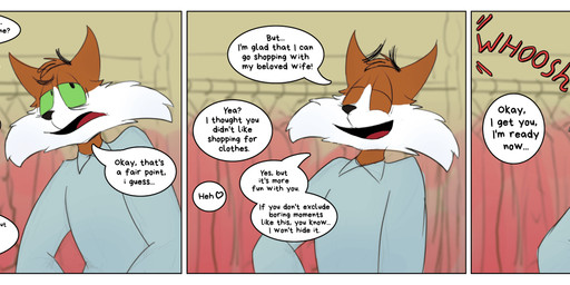 anthro clothed clothed_anthro clothed_male clothing clothing_store comic_panel detailed_background dialogue eyebrows fur green_eyes male markings multicolored_body multicolored_fur red_body red_fur romantic romantic_couple shirt shopping sitting sketch_background smile solo speech_bubble store talking_to_another talking_to_partner text toony toony_eyes topwear white_markings wrinkles pinkish-cat winston_miller_(pinkish-cat) domestic_cat felid feline felis mammal 2026 absurd_res colored colored_sketch comic english_text flat_colors hi_res shaded simple_shading sketch