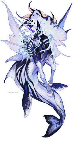 1_horn ambiguous_gender feral fin hooves horn simple_background solo split_form text white_background nightcrow european_mythology greek_mythology mythology aquatic equid hippocampus mammal 2022 absurd_res artist_name dated hi_res