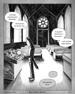 2_toes ambiguous_gender anthro bench border candle church dialogue door feathers feet fire inside solo speech_bubble tail tail_feathers text toes sharkinthepark avian bird owl 2026 4:5 absurd_res comic english_text hi_res monochrome male_(lore)