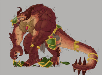 2_horns 4_fingers accessory anthro armor belt_pouch biceps big_muscles biped bracelet brown_claws brown_horn brown_spikes claws countershade_arms countershade_face countershade_legs countershade_scales countershade_tail countershade_torso countershading cracked_ground facial_spikes fangs finger_claws fingers furgonomics gold_(metal) gold_bracelet gold_jewelry grey_background half-closed_eyes head_horn horn huge_muscles hyper hyper_muscles jewelry looking_aside male motion_lines multicolored_body multicolored_scales muscular muscular_anthro muscular_male narrowed_eyes necklace onomatopoeia orange_sclera overbite pecs pupils purple_tongue red_body red_scales ring scales shoulder_guard simple_background slit_pupils solo sound_effects spiked_tail spikes spikes_(anatomy) tail tail_accessory tail_jewelry tail_ring tan_body tan_countershading tan_scales tapering_tongue teeth text toe_claws tongue tongue_out transformative_necklace two_tone_body two_tone_scales vein veiny_muscles signirsol hi-rez_studios mythology paladins_(game) drogoz_(paladins) dragon mythological_creature mythological_scalie scalie wingless_dragon 2016 digital_drawing_(artwork) digital_media_(artwork) full-length_portrait portrait