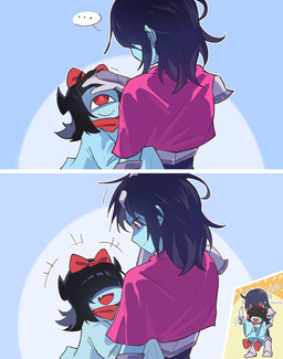 1_eye 3_panel_comic accessory age_difference ambiguous_gender biped black_hair blue_body blue_skin bow_ribbon carrying_another closed_smile clothed clothing crossbar_emanata cute_fangs duo ellipsis emanata eye_contact fangs female flower hair hair_accessory hair_bow hair_over_eyes hair_ribbon holding_another holding_knife holding_object kerchief knife logo looking_at_another mouth_closed neckerchief neckwear not_furry nuzzling onomatopoeia open_mouth open_smile plant red_eyes ribbons short_hair size_difference smile sound_effects speech_bubble teeth text harac deltarune undertale_(series) aqua_(deltarune) kris_dreemurr elemental_creature flora_fauna flower_creature human humanoid mammal seven_flowers 2026 artist_logo comic digital_drawing_(artwork) digital_media_(artwork) english_text hi_res watermark nonbinary_(lore)