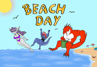 anthro beach blue_body clothing female grey_body group male red_body swimwear text trio water tibbs mythology baku_(tibbs) betty_(tibbs) star_(tibbs) bat dragon mammal mythological_creature mythological_scalie reptile scalie comic cover cover_art cover_page english_text hi_res