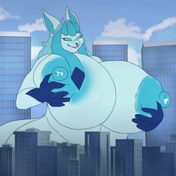 5_fingers anthro anthrofied areola bent_arm big_areola big_breasts black_nose blue_areola blue_eyes blue_hair blue_nipples blue_sky blue_tail bodily_fluids breasts building city cloud day eyelashes female female_anthro fingers glowing glowing_eyes hair holding_breast huge_breasts lactating light long_ears long_hair looking_at_breasts looking_at_own_breasts looking_at_self macro milk nipples nude nude_anthro nude_female outside pokemorph sky skyscraper smile solo standing tail thin_eyebrows window flosar nintendo pokemon fan_character sophie_(furrygrowthlover) eeveelution generation_4_pokemon glaceon pokemon_(species) 1:1 2024 animated colored digital_media_(artwork) english_description lighting shaded short_playtime