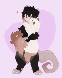anthro claws cuddling duo female heart_symbol looking_at_another male male/female one_eye_closed pawpads paws pink_pawpads size_difference smaller_female smile snout standing tail shiones american_opossum canid canine canis domestic_dog mammal marsupial pomeranian spitz virginia_opossum colored digital_drawing_(artwork) digital_media_(artwork) flat_colors hi_res