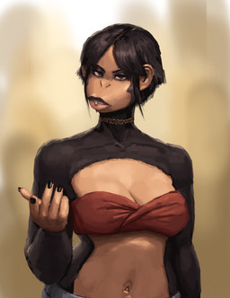 anthro bandeau black_body black_fur black_hair black_nails bottomwear breasts brown_eyes choker cleavage clothed clothing colored_nails denim denim_bottomwear denim_clothing eyeshadow facial_piercing female front_view fur hair jeans jewelry lip_piercing lips looking_at_viewer makeup medium_breasts nails navel necklace pants piercing solo tan_body topwear redustheriotact vanessa_(redustheriotact) haplorhine mammal monkey primate absurd_res hi_res