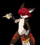 anthro belt black_nose brown_body brown_fur chest_fur clothing fur gloves hair handwear male melee_weapon multicolored_body multicolored_fur open_mouth red_body red_eyes red_fur smile solo standing sword teeth weapon earthb-kun reese_(earthb-kun) canid canine canis mammal wolf 2017 alpha_channel digital_media_(artwork)