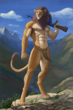 abs anthro claws cloud cloudy_sky day ears_up fur gun holding_gun holding_object holding_ranged_weapon holding_weapon inner_ear_fluff landscape light looking_away male mane mountain muscular muscular_anthro muscular_male navel nipples noon nude plant proud pubes ranged_weapon rock sky solo standing sunlight tail tail_tuft tuft weapon wind yellow_body yellow_fur evk felid lion mammal pantherine absurd_res hi_res
