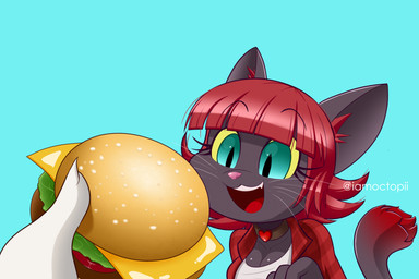 anthro burger clothed clothing collar cute_pose female first_person_view food gem hair happy holding_burger holding_food holding_object looking_at_food looking_at_object male male_pov red_hair smile solo tail euyoshi89 octostash i_can_has_cheezburger? lucky_(ralsei746) felid feline mammal hi_res meme watermark