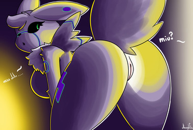 anthro big_breasts big_butt breasts butt female green_eyes pattern_background simple_background solo text thick_thighs jhenightfox miu_(jhenightfox) mammal hi_res