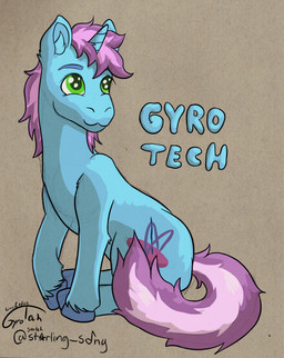 blue_body feral green_eyes hair hooves horn male mane pink_hair quadruped solo tools unicorn_horn gyrotech starling-song-mlp hasbro my_little_pony mythology fan_character gyro_tech equid equine mammal mythological_creature mythological_equine unicorn absurd_res hi_res