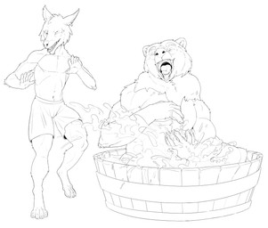 4_toes 5_fingers anthro assisted_bathing barrel bath bath_water bathing bathtub biped bottomless bottomwear claws clothed clothing digitigrade duo eyebrows feet finger_claws fingers fur hair handpaw in_bath in_bathtub looking_at_another male male_anthro mane mane_hair mostly_nude nude paws plantigrade playing sharp_teeth short_ears short_fur shorts simple_background sitting sitting_in_bathtub skinny skinny_anthro skinny_male slightly_chubby slightly_chubby_anthro slightly_chubby_male small_ears smile snout soap_bubbles splash splashing_water standing tall teeth three-quarter_view toe_claws toes tongue tongue_out topless topless_male ursine_ears washtub water water_splashes wet wet_body wet_fur aetherxov kuruk_(character) bear brown_bear canid canine canis grizzly_bear mammal ursidae ursine 2026 digital_drawing_(artwork) digital_media_(artwork) hi_res monochrome sketch