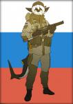 anthro assault_rifle bag belt_pouch boots canteen clothed clothing combat_boots flag footwear furgonomics gloves gun hair handwear looking_at_viewer male military ranged_weapon rifle russia russian_flag shoes simple_background soldier solo trigger_discipline vss_vintorez warrior weapon white_hair yellow_eyes pgm300 fish marine shark 2016 digital_media_(artwork) hi_res