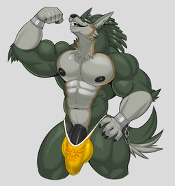 abs anthro anthrofied balls balls_outline biceps big_muscles big_penis bracelet bulge claws clothed clothing detailed_bulge ear_piercing flexing fur genital_outline genitals green_body green_fur grey_body grey_fur hand_on_hip huge_muscles humanoid_genitalia humanoid_penis jewelry male muscular muscular_anthro muscular_male nipples pecs penis penis_outline piercing simple_background solo tail topless topless_male vexedlupine nintendo the_legend_of_zelda twilight_princess link_(wolf_form) canid canine canis mammal wolf hi_res