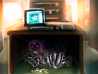 anthro bodily_fluids bound breasts computer computer_keyboard computer_mouse cum electronics female furniture gag genital_fluids hair hands_tied heart_eyes heart_symbol inside latex looking_at_viewer pink_eyes pink_hair public_use ring_gag solo table under_table general-irrelevant cheese_quesadilla ultra_(ultrabondagefairy) domestic_cat felid feline felis mammal 4:3 digital_media_(artwork)