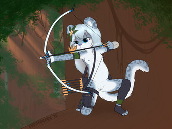 accessory anthro archer armband arrow_(weapon) blue_eyes bow_(weapon) breasts casual_nudity clitoral_hood clitoris clothing detailed_background feather_accessory female female_anthro flower flower_in_hair footwear forest fur fur_markings genitals grey_body grey_fur grey_hair hair hair_accessory holding_bow_(weapon) holding_object holding_ranged_weapon holding_weapon in_tree jungle kneeling leaf light light_beam markings mostly_nude_anthro mostly_nude_female navel nipples nude nude_anthro nude_female on_one_knee outdoor_nudity outside plant pouch_(clothing) pregnant pregnant_anthro pregnant_female ranged_weapon small_breasts solarpunk solo sunbeam sunlight tail tail_markings text toeless_footwear tree underage_pregnancy vines vulva weapon wrist_computer young young_anthro young_female peppercorn_kiddo abigail_(caloh) felid mammal pantherine snow_leopard 2025 absurd_res artist_name dated digital_drawing_(artwork) digital_media_(artwork) flat_colors hi_res