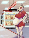 anthro belly big_belly big_breasts breasts cheese_grater clothing collar cowbell crossgender eye_spot female mascot mtf_crossgender pregnant pregnant_anthro pregnant_female retail solo text thick_thighs tight_clothing analog_raccoon nintendo nintendo_switch target_corporation bullseye_(target) bull_terrier canid canine canis domestic_dog hunting_dog mammal terrier english_text hi_res