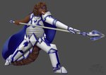 anthro armor asymmetrical_armor attack blue_armor cape clothing knight male melee_weapon multicolored_armor plate_armor polearm spear two_tone_armor warrior weapon white_armor sinser fire_emblem fire_emblem_heroes nintendo naiwi naiwi_kalahax canid canine canis felid hybrid lion mammal pantherine wolf full-length_portrait portrait