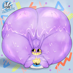 anthro big_butt bodily_fluids butt clothing gloves handwear huge_butt hyper hyper_butt male multicolored_eyes musk purple_body smile solo sweat sweaty_butt bumbsspaceship glitch_productions the_amazing_digital_circus jax_(tadc) lagomorph leporid mammal rabbit 1:1 source_request unavailable_at_source