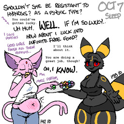 anthro anthrofied belly big_belly big_breasts big_butt big_tail black_body blue_eyes bottomwear breaking_the_fourth_wall breasts butt clothed clothing dialogue duo eyes_closed female food fur huge_thighs hypnosis looking_at_viewer markings midriff mind_control multicolored_body navel open_mouth open_smile pants pink_body pink_fur poffin purple_eyes red_sclera shorts simple_background slightly_chubby slightly_chubby_anthro slightly_chubby_female smile smiling_at_viewer stuffing tail talking_to_viewer text thick_thighs topwear weight_gain weight_gain_sequence yellow_body zandyzolo nintendo pokemon vi_(zandyzolo) eeveelution espeon generation_1_pokemon generation_2_pokemon generation_6_pokemon pokemon_(species) umbreon 1:1 english_text hi_res