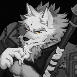 anthro beard claws facial_hair fur humanoid_hands inner_ear_fluff male muscular muscular_anthro muscular_male orange_eyes solo tuft weapon oishiiannpan sdorica law_(sdorica) canid canine canis mammal wolf 1:1 2025 hi_res