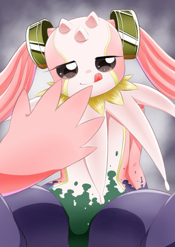 ambiguous_gender anthro black_body corruption licking licking_lips long_ears pink_body ring solo suggestive_look tongue tongue_out fallen_feathers bandai_namco digimon cherubimon digimon_(species) hi_res