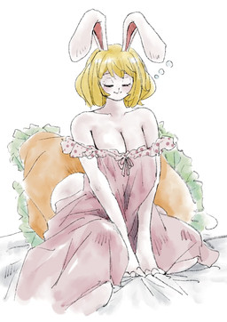 anthro big_breasts blonde_hair breasts cleavage clothed clothing deep_cleavage eyes_closed female fluffy fluffy_tail fur hair nightgown pillow sleep_bubbles solo tail tired white_body white_fur puipuigamename one_piece carrot_(one_piece) lagomorph leporid mammal rabbit hi_res
