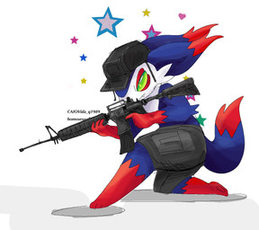 anthro blue_body blue_fur bottomwear clothing fur gun hat headgear headwear male markings pants ranged_weapon red_markings rifle simple_background sniper_rifle solo star weapon white_background white_markings gorebunny canid canine fox mammal