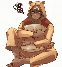 angry blonde_hair brown_body brown_skin clothed clothing cosplay facial_hair grumpy hair hug hugging_object hugging_pillow male pajamas pillow scar simple_background solo white_background unknown_artist disney winnie_the_pooh_(franchise) pooh_bear human mammal low_res