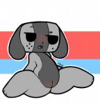 anthro biped black_eyes black_nose blush female flat_chested genitals grey_body nude open_mouth pussy simple_background sitting solo thick_thighs toony bakap nintendo nintendo_switch switch_dog animate_inanimate canid mammal 2017 digital_media_(artwork) hi_res