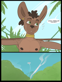 anthro black_border border brown_body brown_fur brown_hair brown_nipples brown_nose day dialogue ear_piercing ear_ring forest forest_background fur green_eyes hair male markings nature nature_background neck_ring nipples outside piercing plant plantigrade ring_piercing solo speech_bubble spots spotted_body spotted_fur standing tan_body tan_fur text tree bolt_carrier amari_(bolt_carrier) african_civet civet hybrid hyena mammal spotted_hyena viverrid absurd_res comic digital_drawing_(artwork) digital_media_(artwork) english_text hi_res