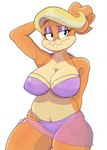 anthro big_breasts blonde_hair blue_eyes breasts buckteeth cleavage clothed clothing eyelashes eyeshadow female front_view fur hair hand_behind_back hand_behind_head huge_breasts makeup mature_female navel nipple_outline orange_body orange_fur pink_nose purple_clothing purple_eyeshadow purple_swimwear simple_background solo swimwear tan_body tan_fur teeth thick_thighs white_background wide_hips sayuraa the_looney_tunes_show warner_brothers patricia_bunny lagomorph leporid mammal rabbit absurd_res hi_res