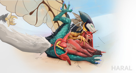 2_penises anal anal_penetration back_wings big_penis bodily_fluids claws cum cum_in_ass cum_inside detailed_scales duo egyptian ejaculation erection female female_penetrated feral feral_on_feral feral_penetrated feral_penetrating feral_penetrating_feral fur genital_fluids genitals gold_(metal) green_body horn lying male male/female male_penetrating male_penetrating_female multi_genitalia multi_penis on_side penetration penile penile_penetration penis penis_in_ass red_body scales sex simple_background vulva wings haral mythology o-ba'et dragon equid equine horse mammal mythological_creature mythological_equine mythological_scalie scalie unicorn absurd_res detailed hi_res