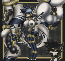 3_toes 4_fingers all_fours anal anal_penetration anthro anthro_penetrated arms_tied athletic athletic_anthro athletic_gynomorph athletic_intersex balls bdsm big_breasts big_ears big_tail black_hair black_sclera blonde_eyebrows blue_body blue_eyes blue_hair blue_nipples blue_stripes bondage bound breast_bondage breasts butt chastity_cage chastity_device claws cloth_gag duo eyebrow_through_hair eyebrows eyelashes feet finger_claws fingers fully_bound gag gagged genitals gynomorph gynomorph_penetrated hair hands_behind_back hands_tied intersex intersex_penetrated legs_tied multicolored_body multiple_angles navel nipples non-mammal_balls non-mammal_breasts non-mammal_nipples object_in_ass penetration penis restraints rope rope_bondage rope_harness sex_toy sex_toy_in_ass sex_toy_insertion simple_background solo_focus standing stripes submissive submissive_anthro submissive_gynomorph submissive_intersex tail text toe_claws toes tongue translucent translucent_hair vibrator white_body yellow_eyes yellow_tongue zerofenrir ika_(zerofenrir) fish marine shark artist_name hi_res