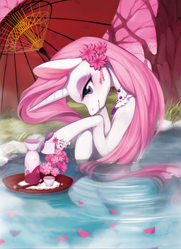 accessory cherry_blossom duo eyeshadow female feral flower flower_in_hair grass hair hair_accessory horn hot_spring long_hair makeup onsen partially_submerged pink_hair plant prunus_(flower) tree umbrella water ciciya hasbro my_little_pony mythology equid equine mammal mythological_creature mythological_equine unicorn 2015