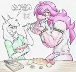 anthro blue_eyes blush bowl bread breasts butter container cutlery dairy_products duo eyewear fangs female food fruit glasses heart_symbol kitchen_utensils knife male muscular muscular_female onion plant sharp_teeth size_difference spoon spoon_feeding teeth text tomato tools vegetable flicker-show deltarune undertale_(series) ralsei susie_(deltarune) bovid caprine darkner gastropod goat mammal mollusk monster reptile scalie snail 2019 absurd_res english_text hi_res