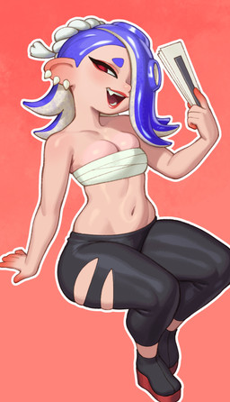 5_fingers black_bottomwear black_clothing black_pants blue_hair bottomwear breasts chest_wraps cleavage clothed clothing ear_piercing fangs female fingers hair hair_over_eye holding_fan humanoid_pointy_ears looking_at_viewer navel open_mouth pants piercing pointy_ears pseudo_hair red_background red_eyes simple_background sitting small_breasts solo teeth tentacle_hair tentacles thick_thighs wide_hips wraps rizdraws nintendo splatoon shiver_(splatoon) animal_humanoid aquatic aquatic_humanoid cephalopod cephalopod_humanoid coleoid humanoid mollusk mollusk_humanoid octarian octoling octopodiform octopus octopus_humanoid 2023 absurd_res hi_res
